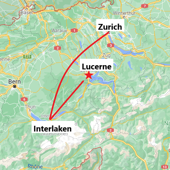 A scenic train journey taking you through Lucerne, Interlaken and Zurich