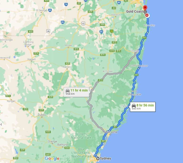 Sydney to Gold Coast Map